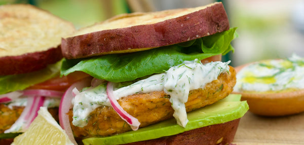 Tzatziki Salmon Burgers with Sweet Potato Buns