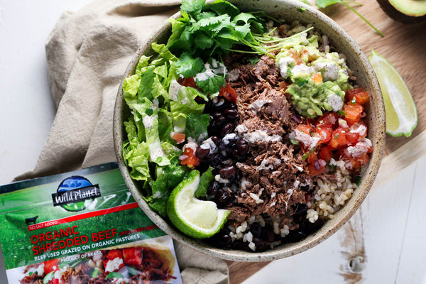 Shredded Beef Burrito Bowl with Chili Lime Crema