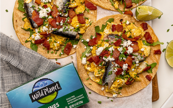 Scrambled Eggs, Sardine & Bacon Tacos