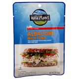 Albacore Wild Tuna, No Salt Added. Sustainable Pole & Line Caught, 100% Pure Tuna & Sea Salt in a Pouch, Left Front View with a photo of Tuna Salad Sandwich in Wheat Bread