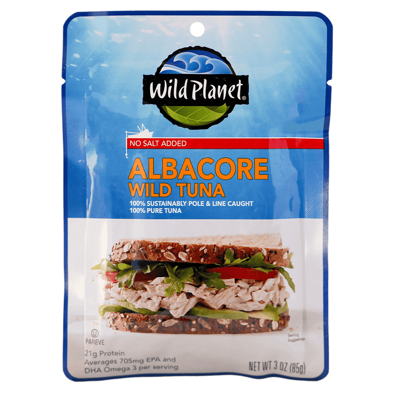 Albacore Wild Tuna, No Salt Added. Sustainable Pole & Line Caught, 100% Pure Tuna & Sea Salt in a Pouch, Front View with a photo of Tuna Salad Sandwich (Wheat Bread).
