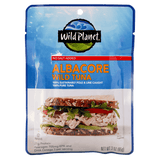 Albacore Wild Tuna, No Salt Added. Sustainable Pole & Line Caught, 100% Pure Tuna & Sea Salt in a Pouch, Front View with a photo of Tuna Salad Sandwich (Wheat Bread).