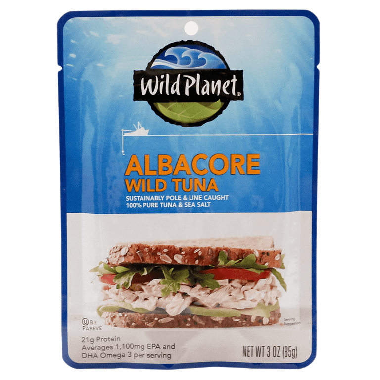 Albacore Wild Tuna Sustainable Pole & Line Caught, 100% Pure Tuna & Sea Salt in a Pouch, Front View with a Tuna Salad Sandwich Photo
