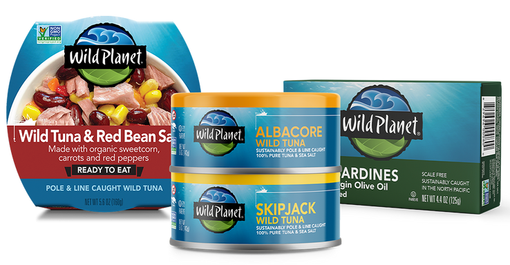 A group of Wild Planet best selling products including Ready-to-Eat Wild Tuna & Red Bean Salad, canned Albacore Wild Tuna, canned Skipjack Wild Tuna, and canned Wild Sardines in Extra Virgin Olive Oil