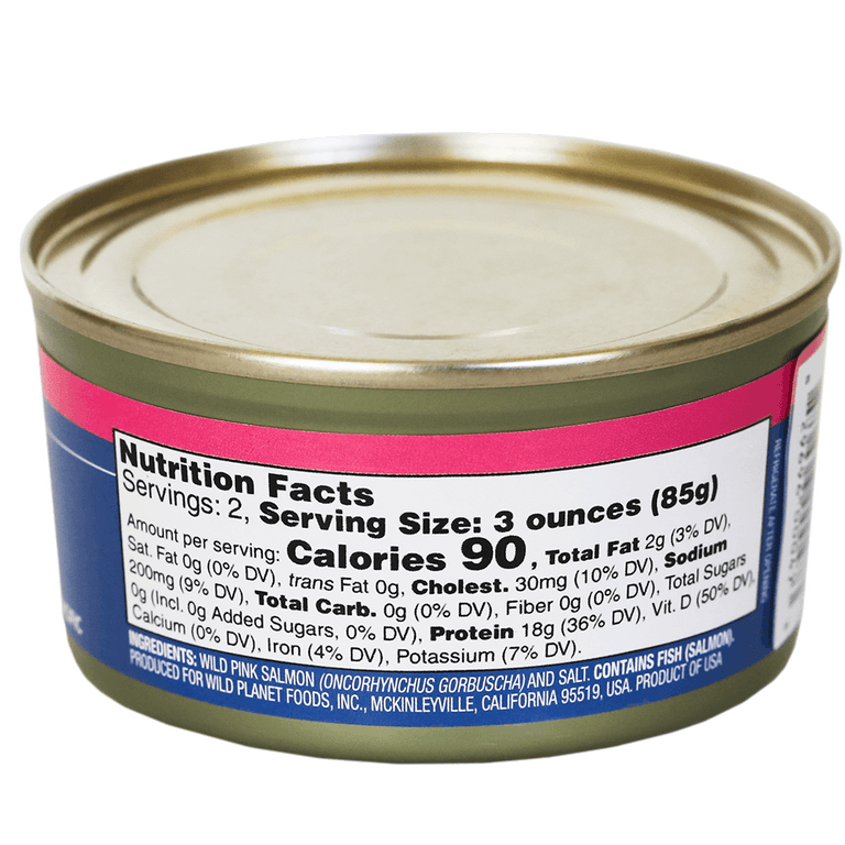 Wild Planet Wild Pink Salmon skinless and boneless 6oz can - nutrition fact panel