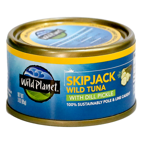 Skipjack Wild Tuna with Dill Pickle, in can. 100% Sustainably Pole and Line Caught, Front and Top View with Wild Planet Logo