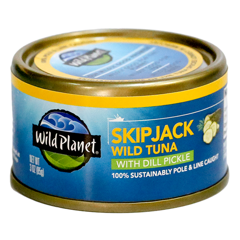 Skipjack Wild Tuna with Dill Pickle, in can. 100% Sustainably Pole and Line Caught, Front and Top View with Wild Planet Logo