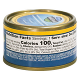 Skipjack Wild Tuna with Dill Pickle, in can. 100% Sustainably Pole and Line Caught, Back View showing Nutrition Facts, Ingredients