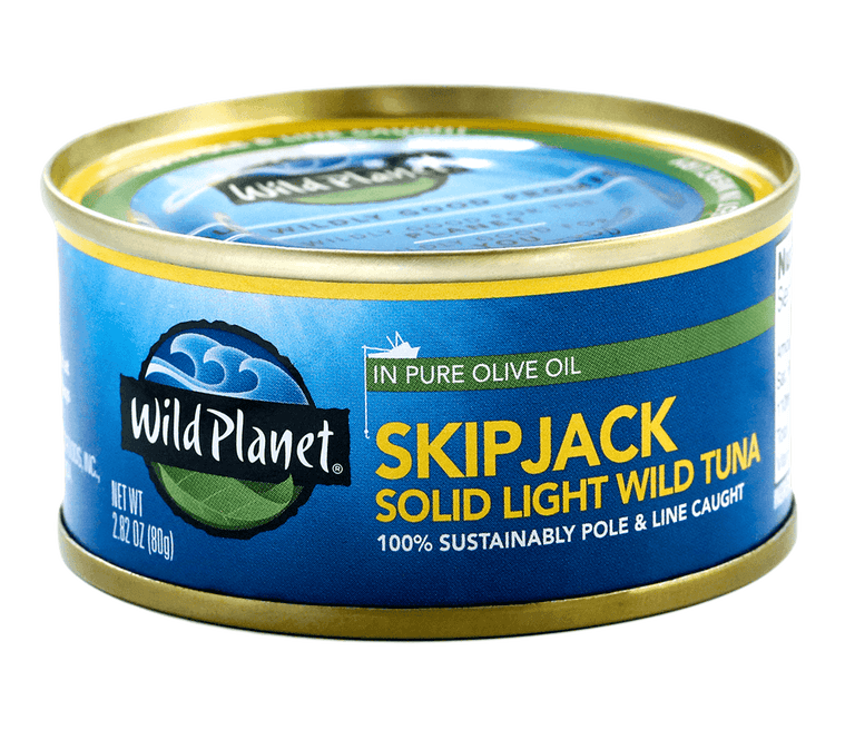 Skipjack Solid Light Wild Tuna in Pure Olive Oil, in Can. 100% Sustainably Pole and Line Caught, Front and Top View with Wild Planet Logo