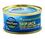 Skipjack Solid Light Wild Tuna in Pure Olive Oil, in Can. 100% Sustainably Pole and Line Caught, Front and Top View with Wild Planet Logo