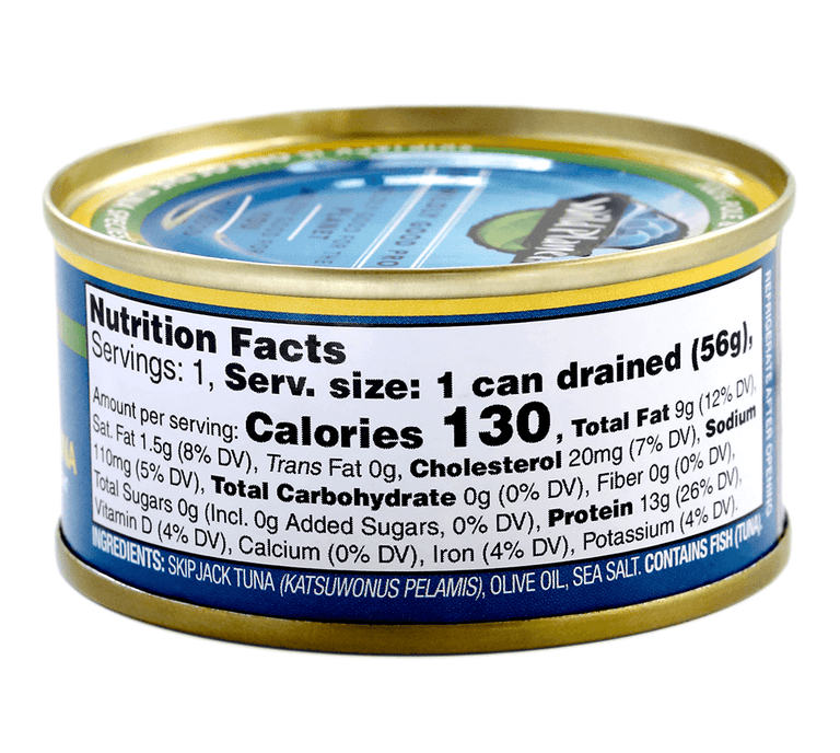 Skipjack Solid Light Wild Tuna in Pure Olive Oil, in Can. 100% Sustainably Pole and Line Caught, Back View showing Nutrition Facts, Ingredients