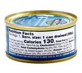 Skipjack Solid Light Wild Tuna in Pure Olive Oil, in Can. 100% Sustainably Pole and Line Caught, Back View showing Nutrition Facts, Ingredients