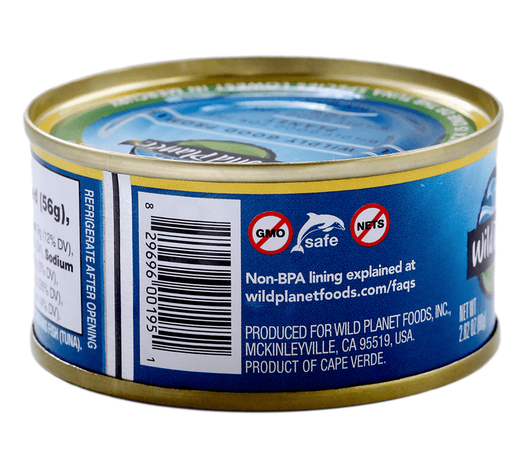 Skipjack Solid Light Wild Tuna in Pure Olive Oil, in Can. Right Side View showing Barcode, Logo: Non BPA and 3 Others, Produced by Info