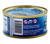 Skipjack Solid Light Wild Tuna in Pure Olive Oil, in Can. Right Side View showing Barcode, Logo: Non BPA and 3 Others, Produced by Info