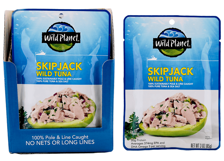 Skipjack Wild Tuna in a Pouch, 100% Sustainably Pole and Line Caught, 100% Pure Tuna and Sea Salt, A Set in a Pouch inside a Carton Box with a text that reads: 100% Pole and Line Caught, No Nets or Long Lines