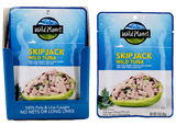 Skipjack Wild Tuna in a Pouch, 100% Sustainably Pole and Line Caught, 100% Pure Tuna and Sea Salt, A Set in a Pouch inside a Carton Box with a text that reads: 100% Pole and Line Caught, No Nets or Long Lines