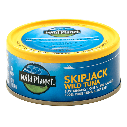 SkipJack Wild Tuna in Can, Sustainably Pole and Line Caught, 100% Pure Tuna and Sea Salt, Top and Front View