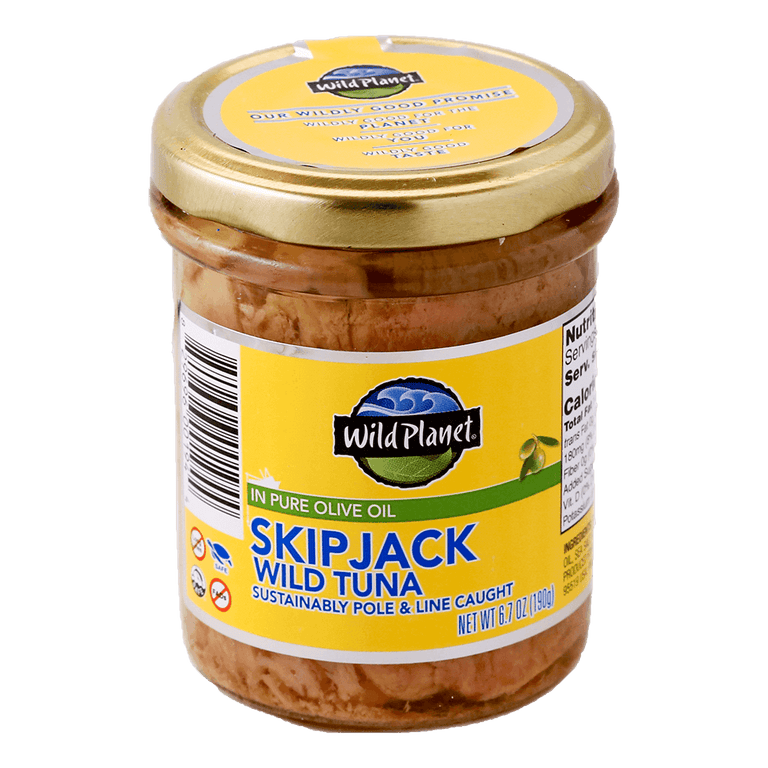 Skipjack Wild Tuna in Pure Olive Oil in a Airtight Lid Jar, Front and Top View Seal of Freshness