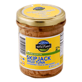 Skipjack Wild Tuna in Pure Olive Oil in a Airtight Lid Jar, Front and Top View Seal of Freshness