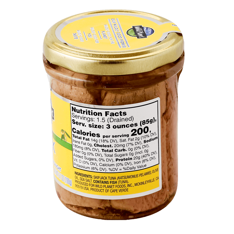 Skipjack Wild Tuna in Pure Olive Oil in a Airtight Lid Jar, Back View showing Nutrition Facts and Ingredients