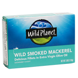 Wild Smoked Mackerel Fillets in Extra Virgin Olive Oil, in can. Angled View with Wild Planet Logo