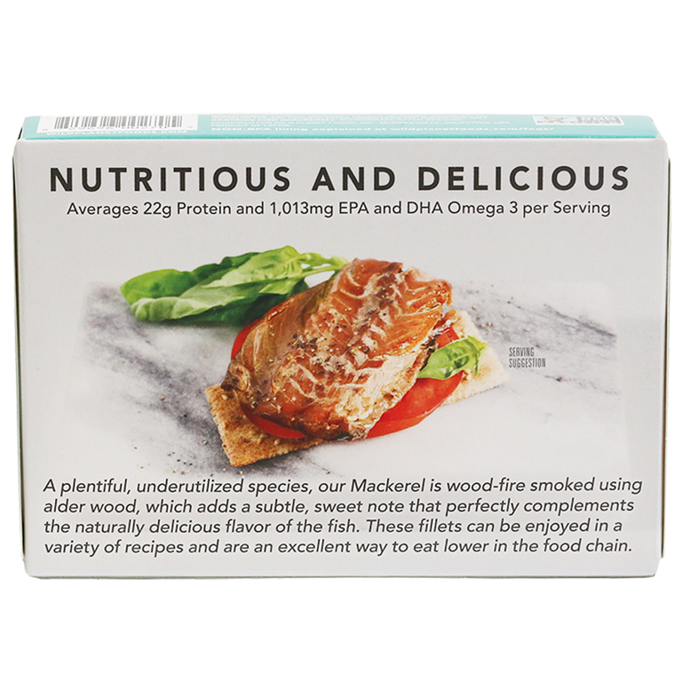 Wild Smoked Mackerel Fillets in Extra Virgin Olive Oil, in can. Back View showing image of product within can