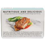 Wild Smoked Mackerel Fillets in Extra Virgin Olive Oil, in can. Back View showing image of product within can