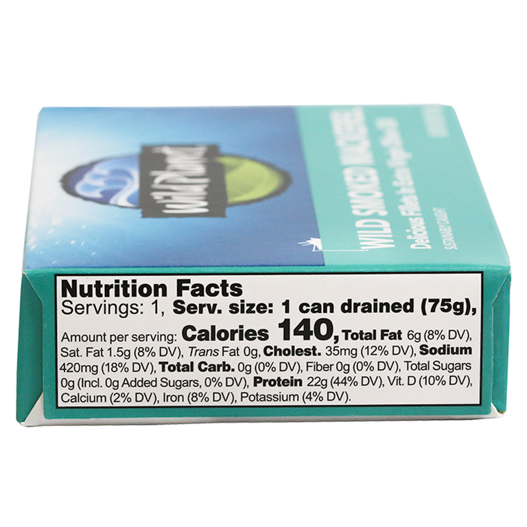 Wild Smoked Mackerel Fillets in Extra Virgin Olive Oil, in can. Side View showing Nutrition Facts