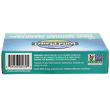 Wild Smoked Mackerel Fillets in Extra Virgin Olive Oil, in can. Side View showing Barcode, Logo: Non GMO Project Verified, Non-BPA lining, Produced by Info
