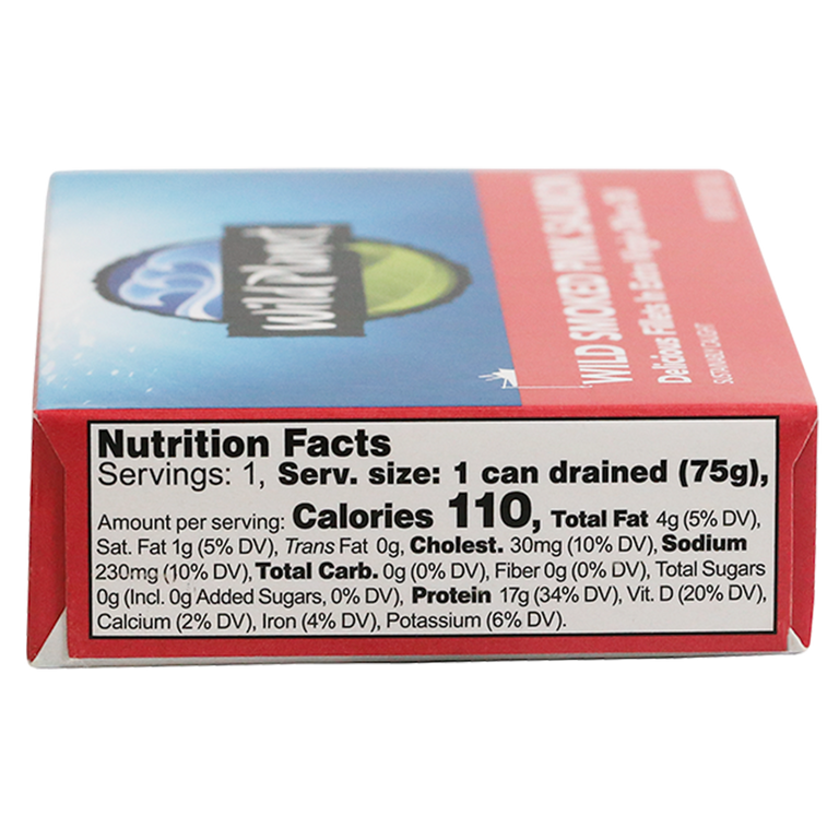Wild Smoked Pink Salmon Fillets in Extra Virgin Olive Oil, in can. Side View showing Nutrition Facts