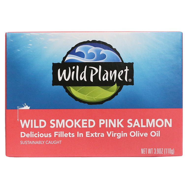 Wild Smoked Pink Salmon Fillets in Extra Virgin Olive Oil, in can. Front View