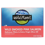 Wild Smoked Pink Salmon Fillets in Extra Virgin Olive Oil, in can. Front View