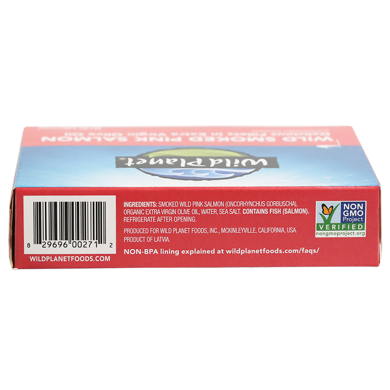 Wild Smoked Pink Salmon Fillets in Extra Virgin Olive Oil, in can. Side View showing Barcode, Logo: Non GMO Project Verified, Non-BPA lining, Produced by Info